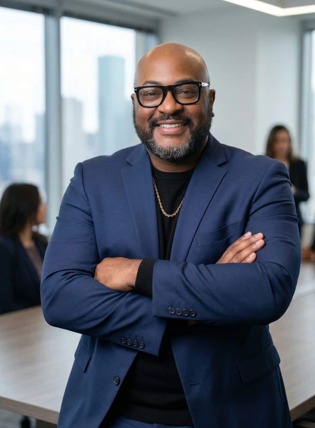 Gerald Raines, founder of Forever Pages, in a navy suit standing in a Houston office